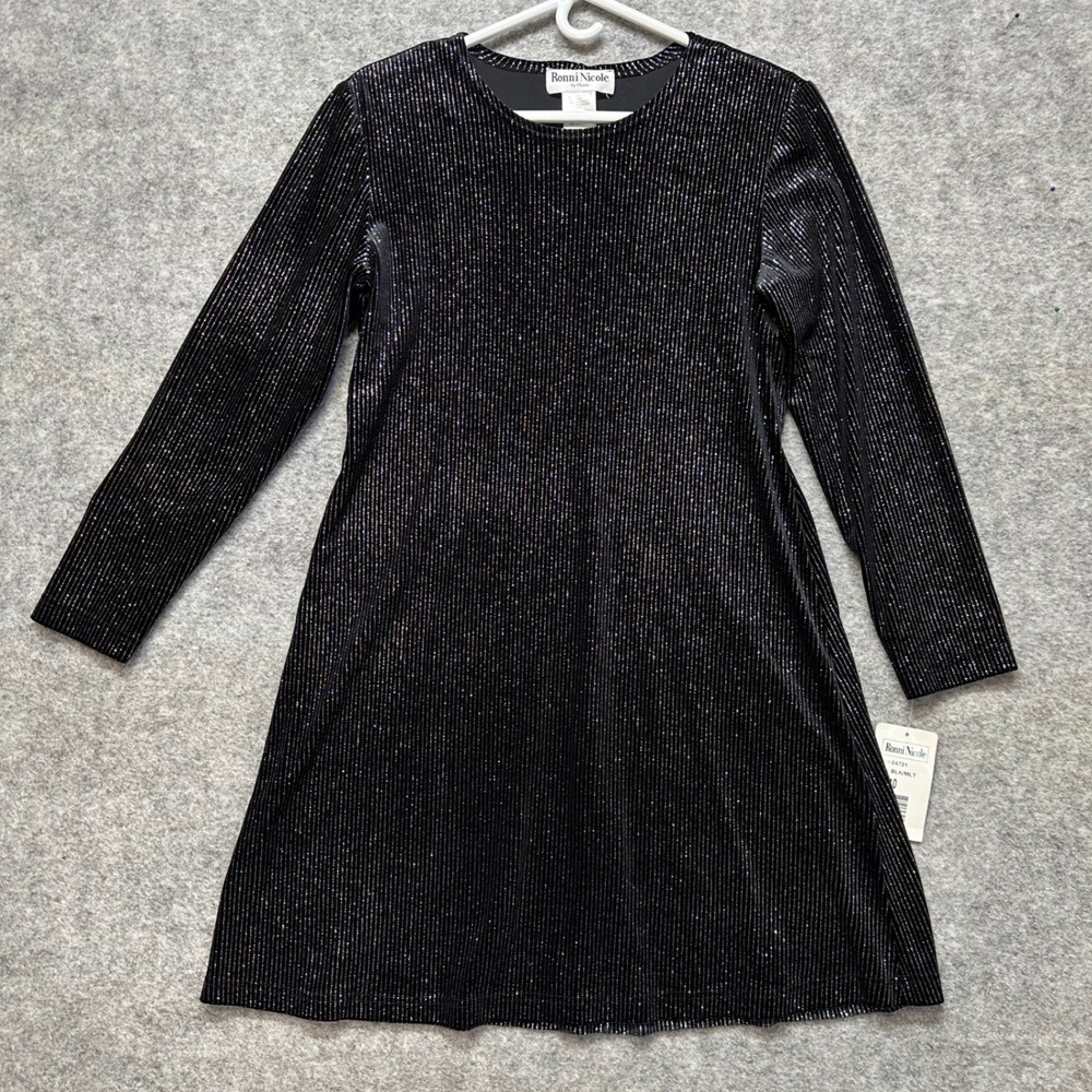 NWT Ronni Nicole Glitter Dress Women 10 Black Rainbow Velvet Long Sleeve